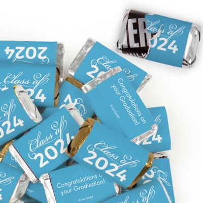 Just Candy 1.5 lbs Light Blue Graduation Candy Party Favors Class of 2024 Hershey's Miniatures & Light Blue Kisses (approx. 116 Pcs) Image 1