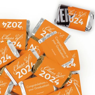 Just Candy 1.5 lbs Orange Graduation Candy Party Favors Class of 2024 Hershey's Miniatures & Silver Kisses (approx. 116 Pcs) Image 1