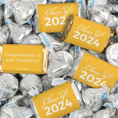 Just Candy 1.5 lbs Yellow Graduation Candy Party Favors Class of 2024 Hershey's Miniatures & Silver Kisses (approx. 116 Pcs) Image 1