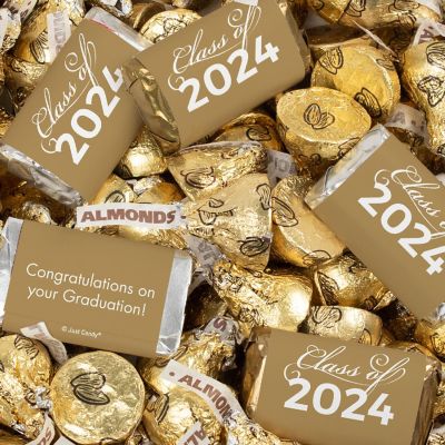 Just Candy 1.65 lbs Gold Graduation Candy Party Favors Class of 2024 Hershey's Miniatures & Gold Kisses (approx. 131 Pcs) Image 1