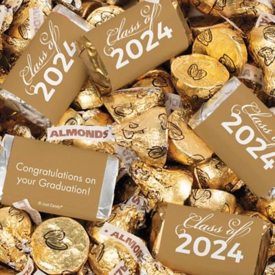 Just Candy 4.95 lbs Gold Graduation Candy Party Favors Class of 2024 Hershey's Miniatures & Gold Kisses (approx. 393 Pcs) Image 1