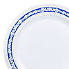 Kaya Collection 10.25" White with Blue and Silver Royal Rim Plastic Dinner Plates (120 Plates) Image 1
