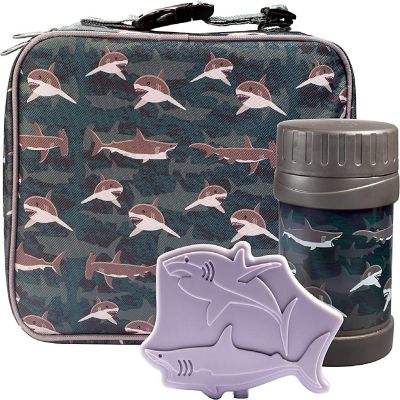 Kids Lunch Bag Set (Sharks) w Reusable Hard Ice Pack & Double-Insulated Food Jar for Drinks or Soups - Perfect Lunchbox Kits for Boys and Girls Back to School, Image 1