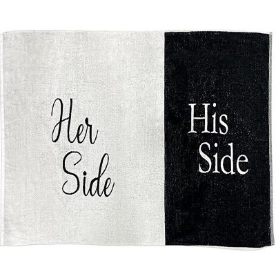 KOVOT Her Side His Side Bath Towel. Funny Gag Cotton Made 30" x 56" Beach Bath Towel. Wedding or Valentines for Mr. & Mrs. Black & White Image 1