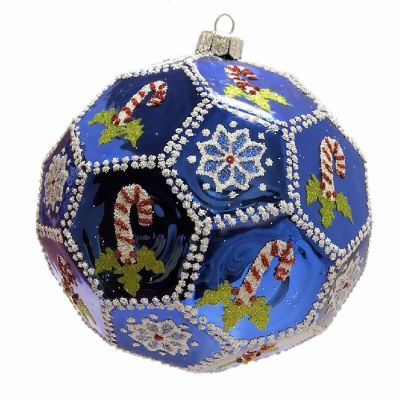 Large Blue Candy Cane Snowflake Polyhedron Ball Polish Glass Christmas Ornament Image 1
