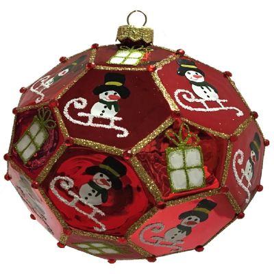 Large Red Snowman on Sled Polyhedron Ball Polish Glass Christmas Tree Ornament Image 1