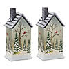 Led Lighted House With Pine Trees (Set Of 2) 9"H Glass 2 Aaa Batteries, Not Included Image 1