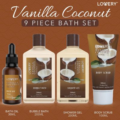 Lovery Bath and Body Gift Basket -Vanilla Coconut Home Spa - 9pc Set Image 1
