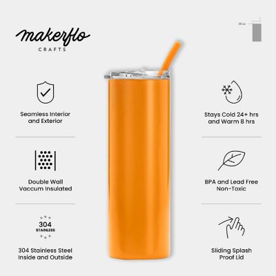 Makerflo 20 Oz Skinny Powder Coated Tumbler with Splash Proof Lid & Straw, Personalized DIY Gifts, Orange, 1 pc Image 3