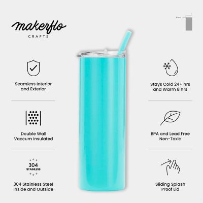 Makerflo 20 Oz Skinny Powder Coated Tumbler with Splash Proof Lid & Straw, Personalized DIY Gifts, Teal, 1 pc Image 3