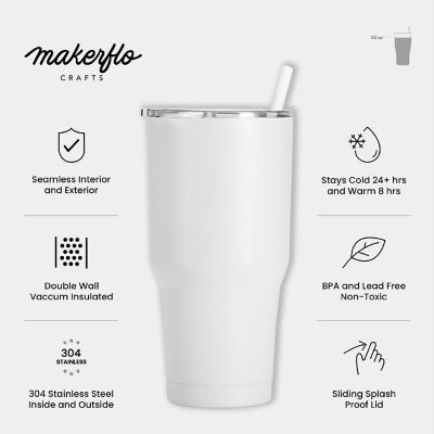 Makerflo 30 Oz Powder Coated Tumbler with Splash Proof Lid & Straw, Personalized DIY Gifts, White, 1 pc Image 3