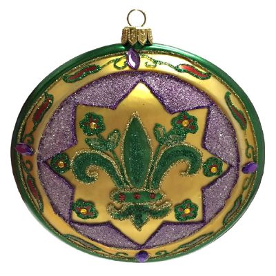 Mardi Gras Green and Purple Fleur de Lis Medallion Disk Polish Glass Ornament Image 1