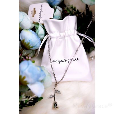 Maya&#8217;s Grace Rose Stem Leaves Pendant Chain Necklace - Silver Image 3