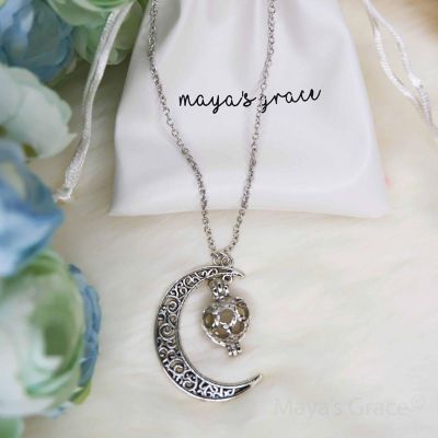 Maya's Grace Crescent  Moon Glow in The Dark Heart Pendant Silver Necklace - Green Image 1