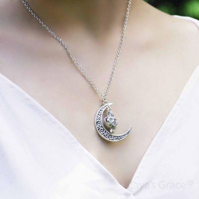 Maya's Grace Crescent  Moon Glow in The Dark Heart Pendant Silver Necklace - Green Image 2
