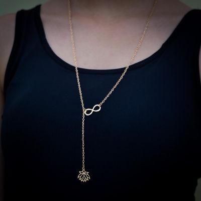 Mayas Grace Stainless Steel Infinity Lotus Lariat Y Necklace Gold Image 2