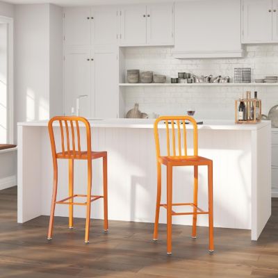 Merrick Lane Santorini Indoor/Outdoor Bar Stool - Orange Steel Bar Stool - Tall Curved Seat Kitchen Stool Image 1