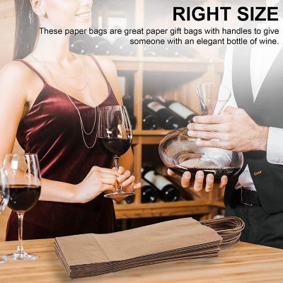 MT Products 5.25" x 3.25" x 13.13" Brown Paper Wine Bags with Handles - Pack of 12 Image 2