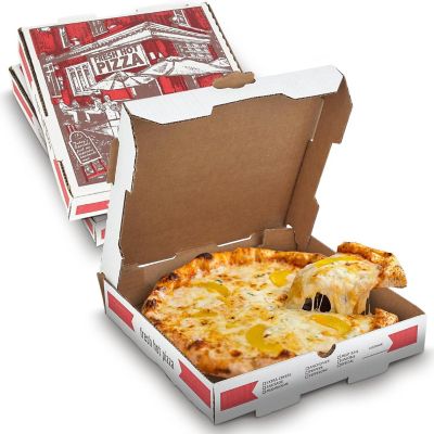 MT Products White and Red B-Flute Pizza Boxes 10" x 10" x 1.75" - Pack of 10 Image 1