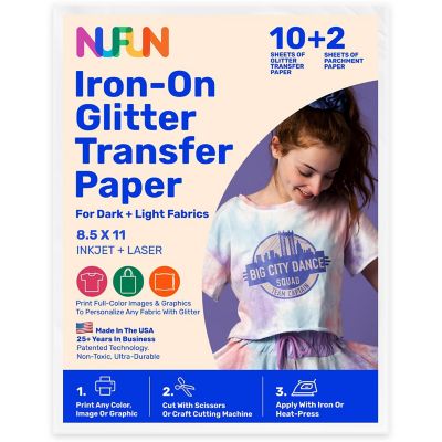 NuFun Activities Inkjet Printable Iron-On No Mess Glitter Transfer Paper For Light And Dark Fabrics, 8.5 x 11 Inch (3 Light Sheets, 3 Dark Sheets) Image 1