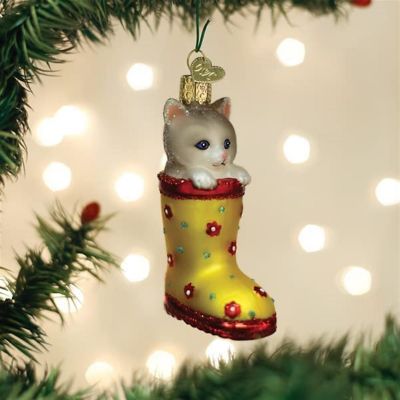 Old World Christmas Hanging Glass Tree Ornament, Kitten in Rain Boot Image 1