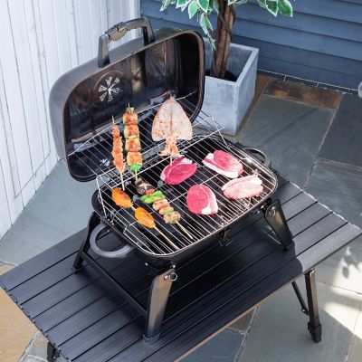 Outsunny 14'' Iron Tabletop Charcoal Grill Portable Anti Scalding Handle Design Folding Legs for Outdoor BBQ for Poolside Backyard Garden Image 2