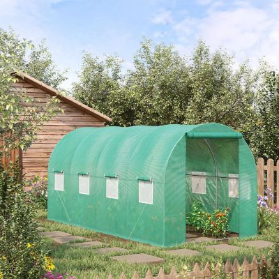 Outsunny 15' x 7' x 7' Walk in Tunnel Greenhouse High Quality PE Cover Zipper Doors and Windows Green Image 2