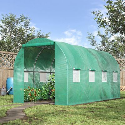 Outsunny 15' x 7' x 7' Walk in Tunnel Greenhouse High Quality PE Cover Zipper Doors and Windows Green Image 3