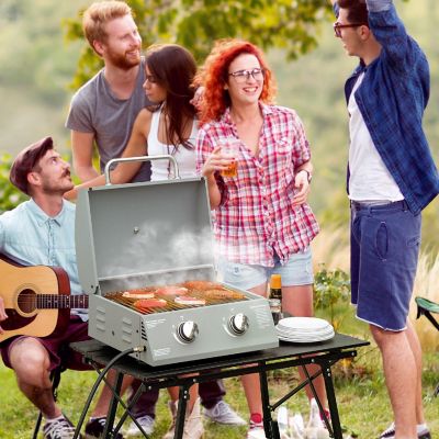 Outsunny 2 Burner Propane Gas Grill Outdoor Portable Tabletop BBQ Foldable Legs Lid Thermometer for Camping Picnic Backyard Light Grey Image 1