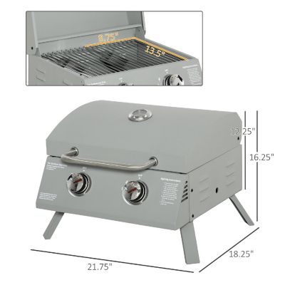 Outsunny 2 Burner Propane Gas Grill Outdoor Portable Tabletop BBQ Foldable Legs Lid Thermometer for Camping Picnic Backyard Light Grey Image 3