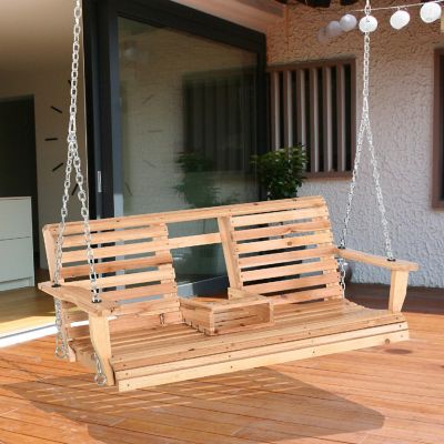Outsunny 3 Seater Wooden Porch Swing Bench Folding Coffee Table Durable PU Coating Chains Included Natural Image 1