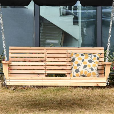 Outsunny 3 Seater Wooden Porch Swing Bench Folding Coffee Table Durable PU Coating Chains Included Natural Image 2