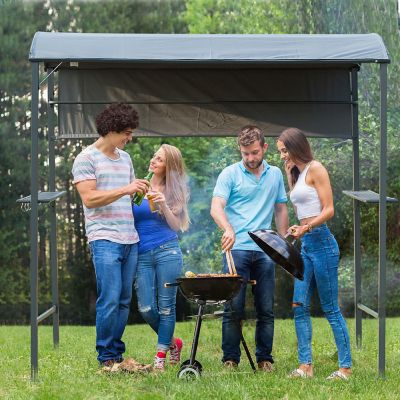 Outsunny 7FT Grill Gazebo BBQ Canopy Sun Shade Panel Side Awning 2 Exterior Serving Shelves 5 Hooks for Patio Lawn Backyard Image 1