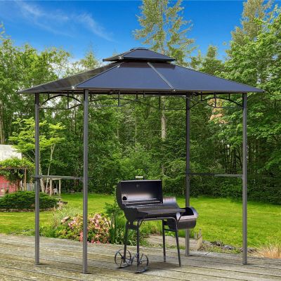 Outsunny 8' x 5' Barbecue Grill Gazebo Tent Outdoor BBQ Canopy Side Shelves Double Layer PC Roof Brown Image 2