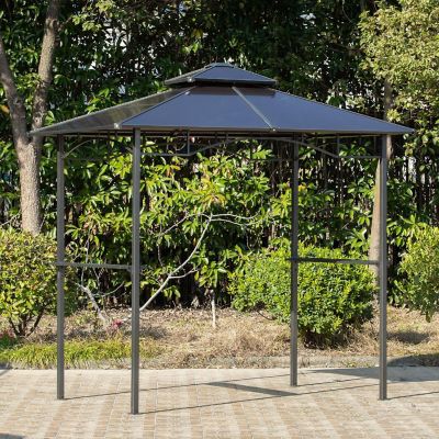 Outsunny 8' x 5' Barbecue Grill Gazebo Tent Outdoor BBQ Canopy Side Shelves Double Layer PC Roof Brown Image 3