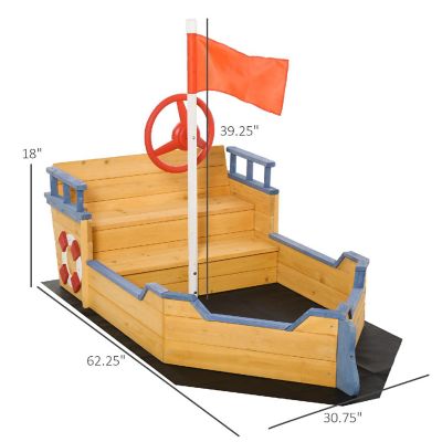 Outsunny Kids Sandbox Pirate Ship Play Boat w/ Bench Seats and Storage Cedar Wood Image 2