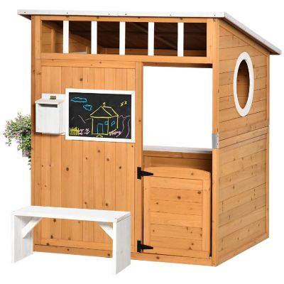 Outsunny Kids Wooden Playhouse Outdoor Garden Games Cottage with Working Door Windows Mailbox Bench Flowers Pot Holder 48" x 42" x 53" Image 1