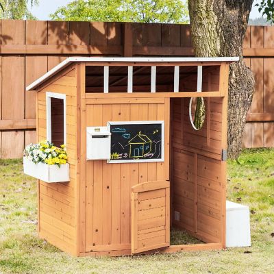Outsunny Kids Wooden Playhouse Outdoor Garden Games Cottage with Working Door Windows Mailbox Bench Flowers Pot Holder 48" x 42" x 53" Image 3