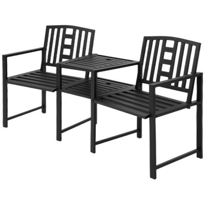 Outsunny Outdoor Double Tete a Tete Patio Lounge Chair Center Coffee Table Metal Frame and Elegant Appearance Black Image 1