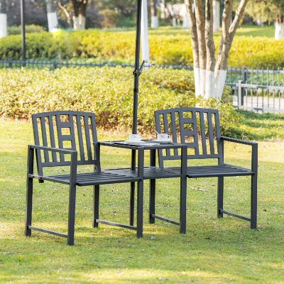 Outsunny Outdoor Double Tete a Tete Patio Lounge Chair Center Coffee Table Metal Frame and Elegant Appearance Black Image 3