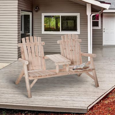 Outsunny Wood Adirondack Patio Chair Bench Center Coffee Table Perfect for Lounging and Relaxing Outdoors Natural Image 3