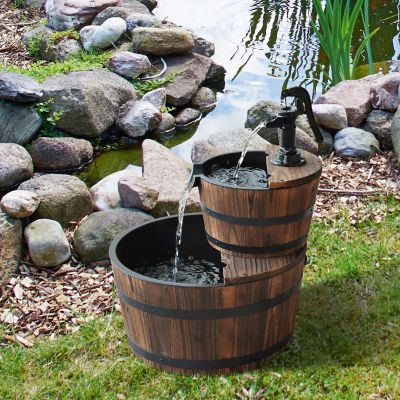 Outsunny Wood Freestanding Fountain 2 Tier Waterfall Barrel Electric Pump for Garden Decor Lawn Backyard Image 1