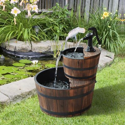 Outsunny Wood Freestanding Fountain 2 Tier Waterfall Barrel Electric Pump for Garden Decor Lawn Backyard Image 2