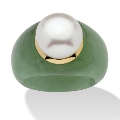 PalmBeach Jewelry 10K Yellow Gold Round Genuine Cultured Freshwater Pearl and Genuine Green Jade Ring Sizes 6-10 Size 8 Image 1