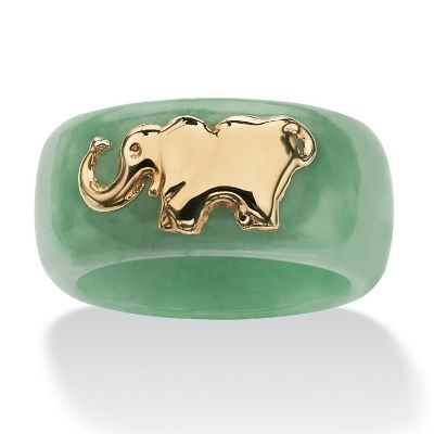 PalmBeach Jewelry 10K Yellow Gold Round Genuine Green Jade Elephant Ring Sizes 5-10 Size 10 Image 1