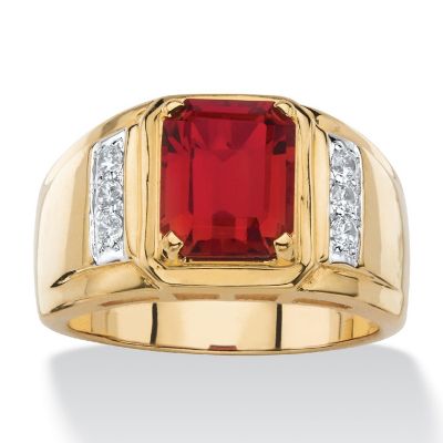 PalmBeach Jewelry Men's 18K Yellow Gold Plated Cushion Cut Red Genuine Garnet Round Genuine Diamond Ring (1/5 cttw, I Color, I3 Clarity) Size 12 Image 1