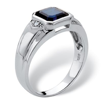 PalmBeach Jewelry Men's Platinum-plated Sterling Silver Cushion Created Blue Sapphire and Diamond Accent Octagon Ring Sizes 8-13 Size 11 Image 1