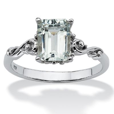 PalmBeach Jewelry Platinum-plated Sterling Silver Emerald Cut Genuine Aquamarine Scrolling Shank Ring Sizes 5-10 Size 6 Image 1