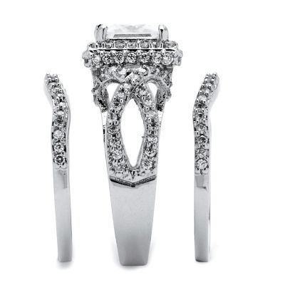 PalmBeach Jewelry Platinum-plated Sterling Silver Princess Cut Cubic Zirconia 3 Piece Halo Crossover Bridal Ring Set Sizes 5-10 Size 9 Image 1