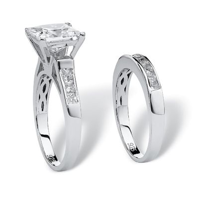 PalmBeach Jewelry Platinum-plated Sterling Silver Princess Cut Cubic Zirconia Bridal Ring Set Sizes 5-10 Size 8 Image 1
